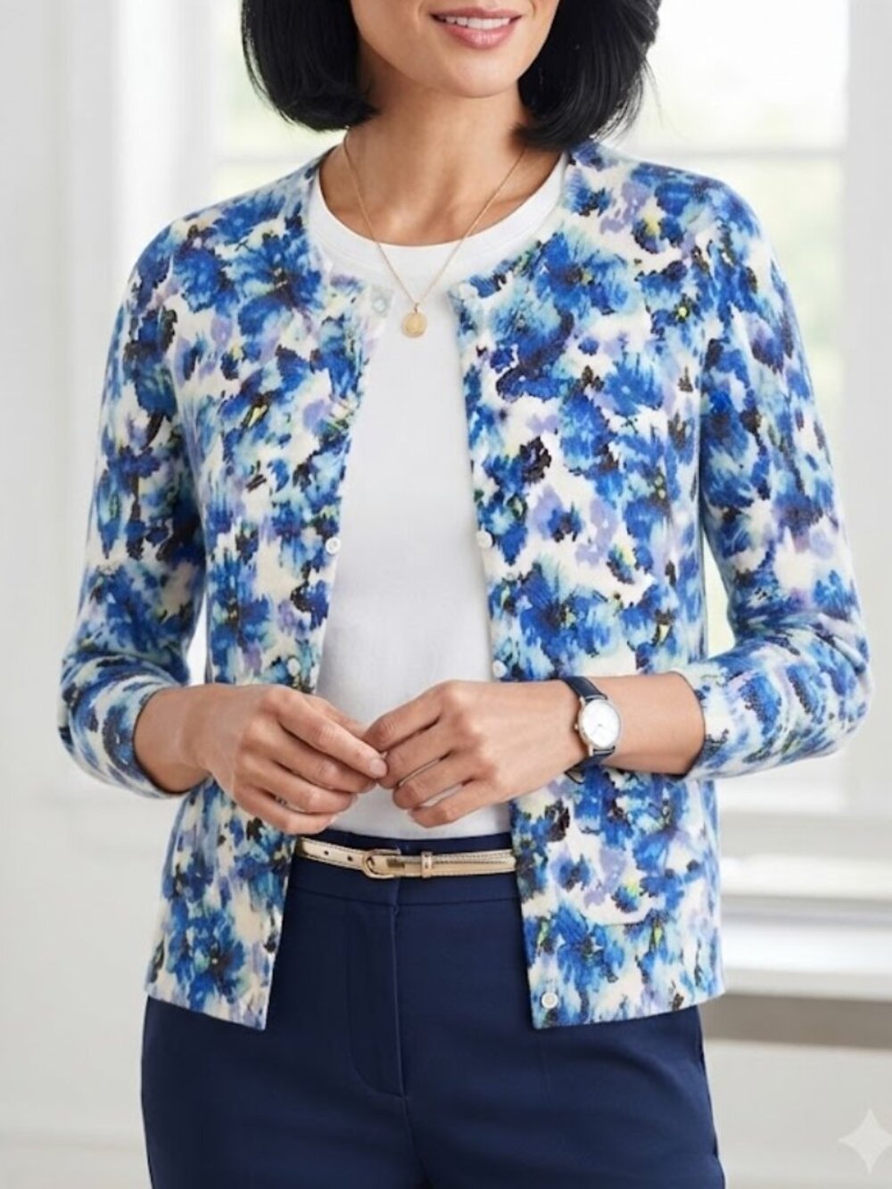 Land's End Cardigan Supima Cotton Blue White Watercolor Floral Print S 6-8